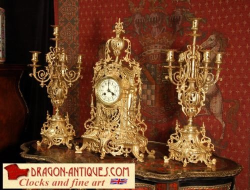Large and Stunning Brass Clock Set, Louis Japy ~ French - Circa 1880.